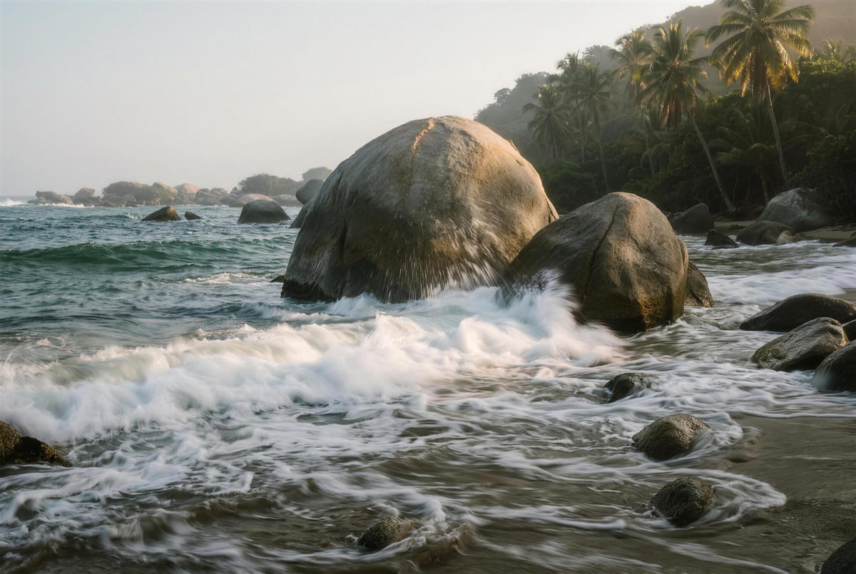 Giant jungle boulders meeting the Caribbean surf in Tayrona