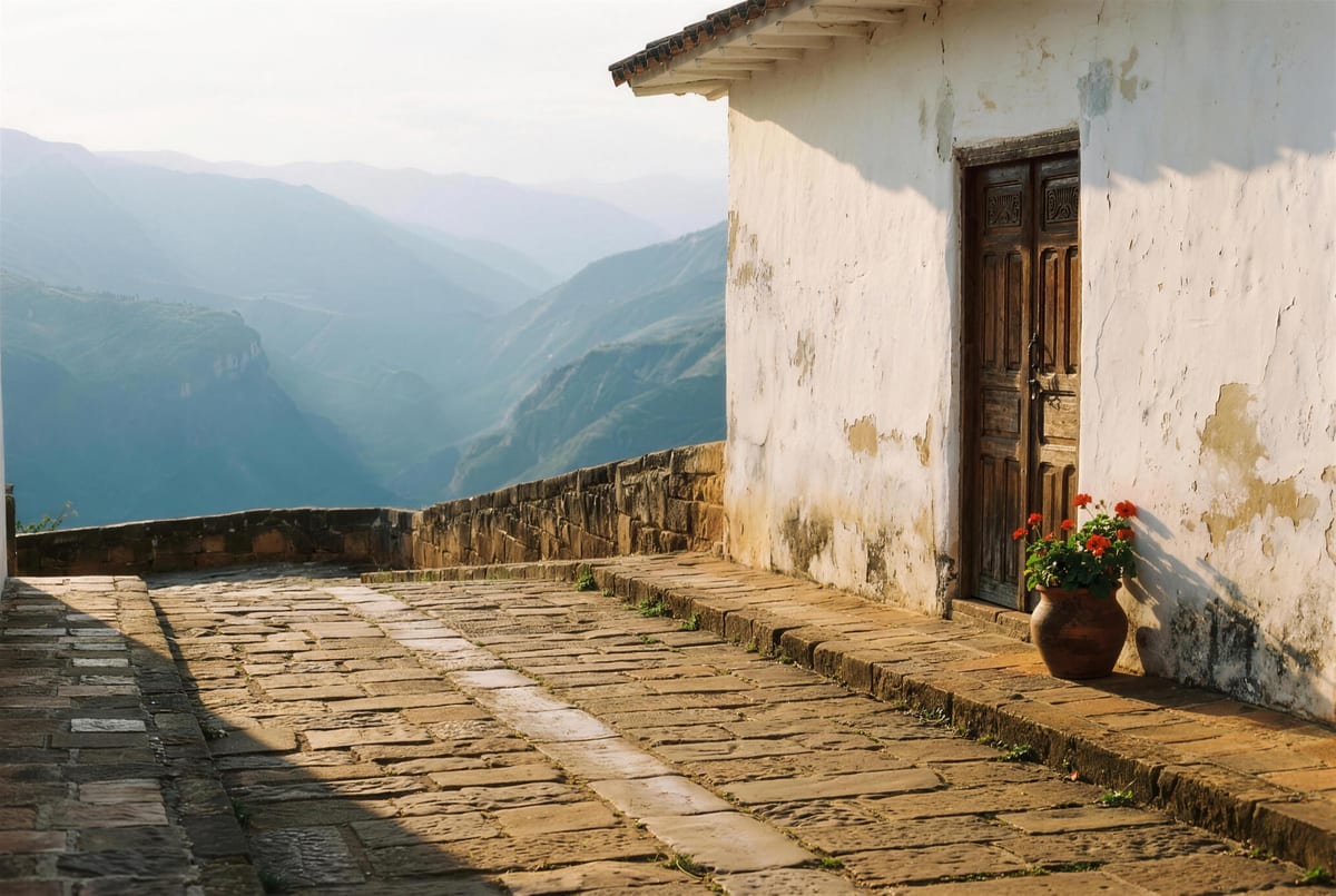 An ochre stone street in Barichara on the lip of the Chicamocha canyon