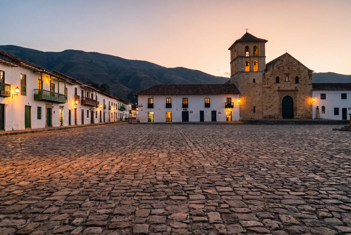 Villa de Leyva's vast cobbled plaza at dusk