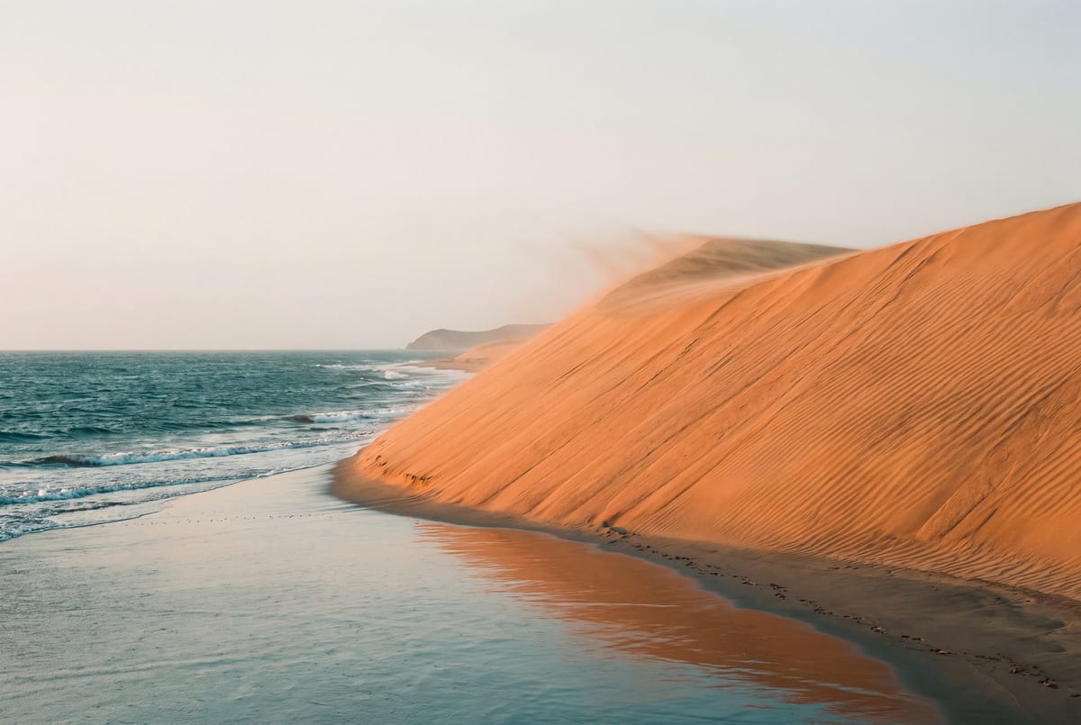 Orange dunes pouring into a teal sea at Punta Gallinas in La Guajira