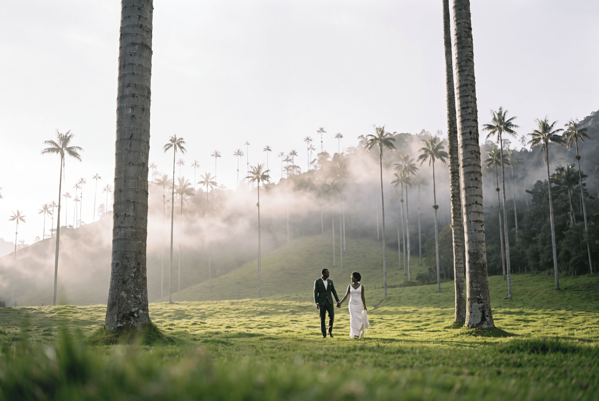 Couple standing small beneath towering wax palms threaded with mist