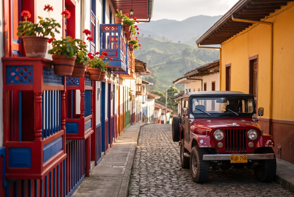 Painted red and cobalt balconies in Salento with a vintage Willys jeep in the street