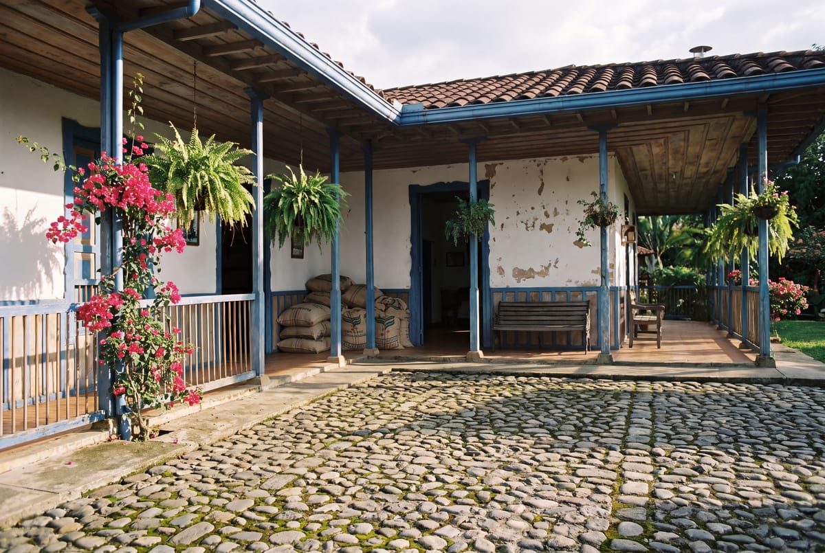 The courtyard of a century-old coffee hacienda in the Coffee Axis