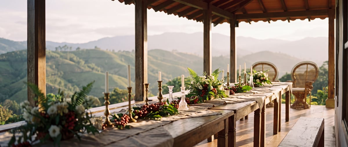 A coffee hacienda veranda set with a long table and flowers above rolling hills