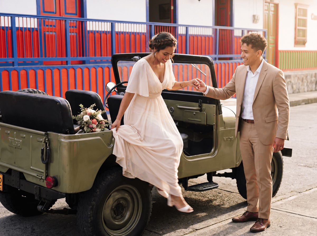 Couple arriving by vintage Willys jeep in Colombia's Coffee Axis