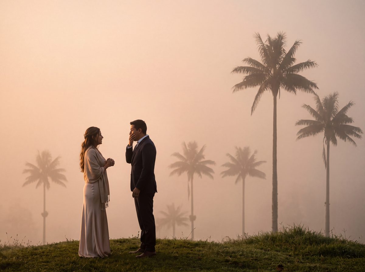 Couple among the Cocora wax palms at dawn