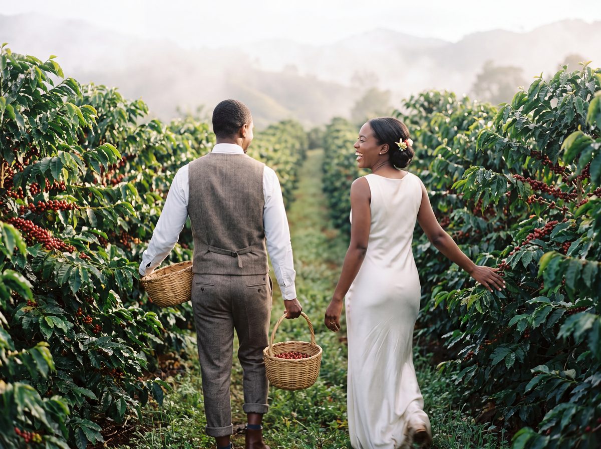 Couple on a coffee harvest walk through the hills