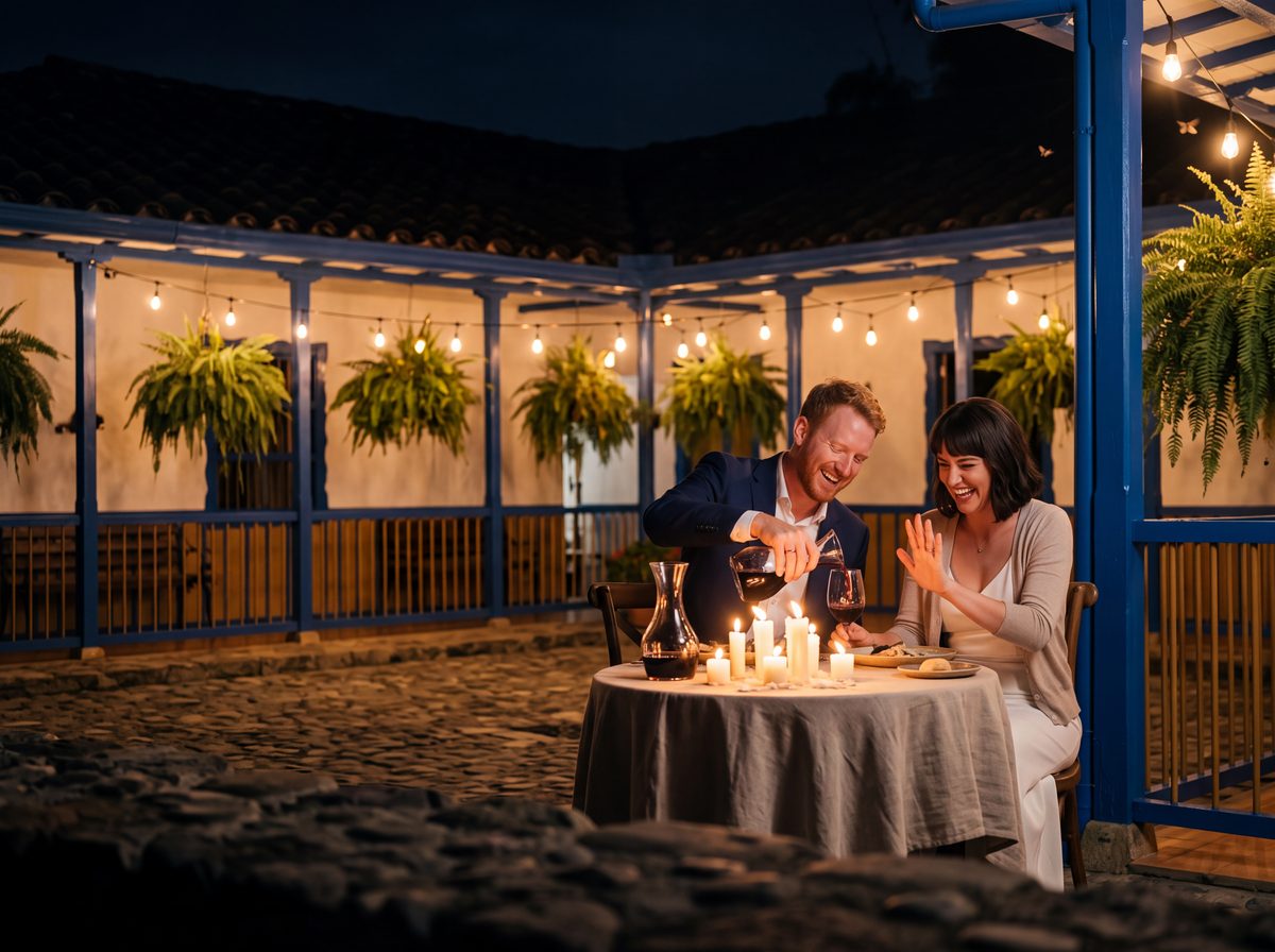 Couple at a candlelit dinner in a hacienda courtyard
