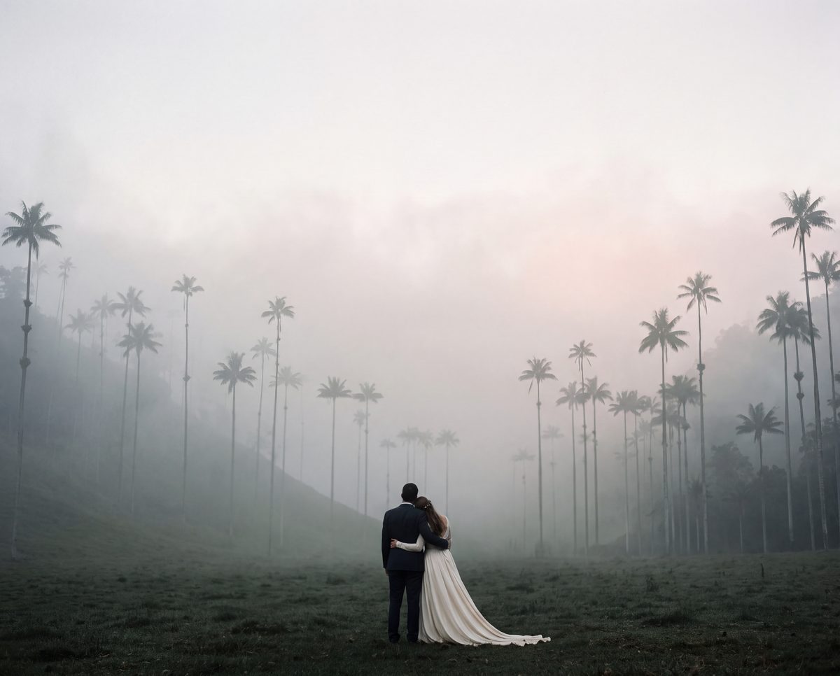 A couple standing small in a vast Colombian landscape at dusk