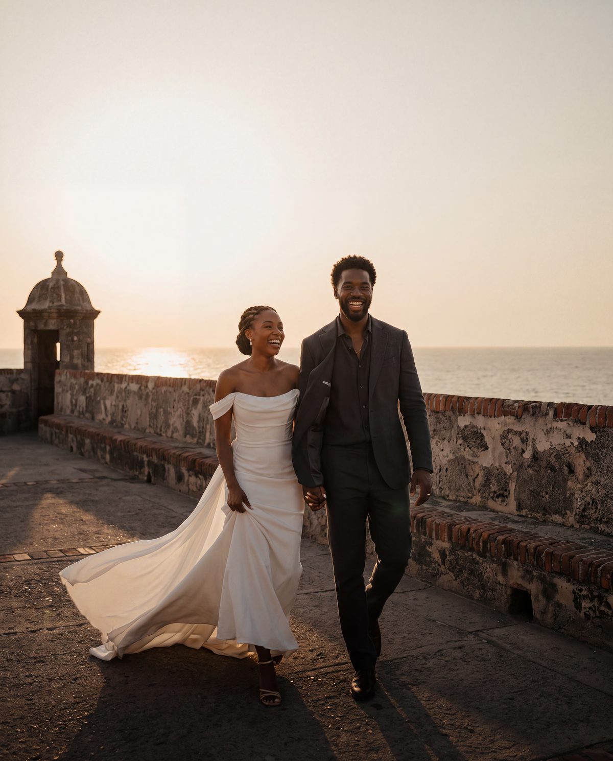 A couple on Cartagena's old-city walls at golden hour with the Caribbean behind them