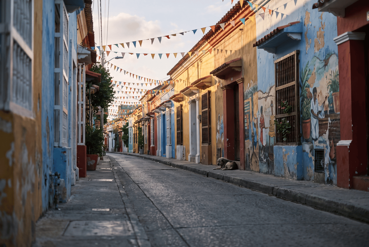 A Getseman&iacute; lane strung with flags and lined with murals