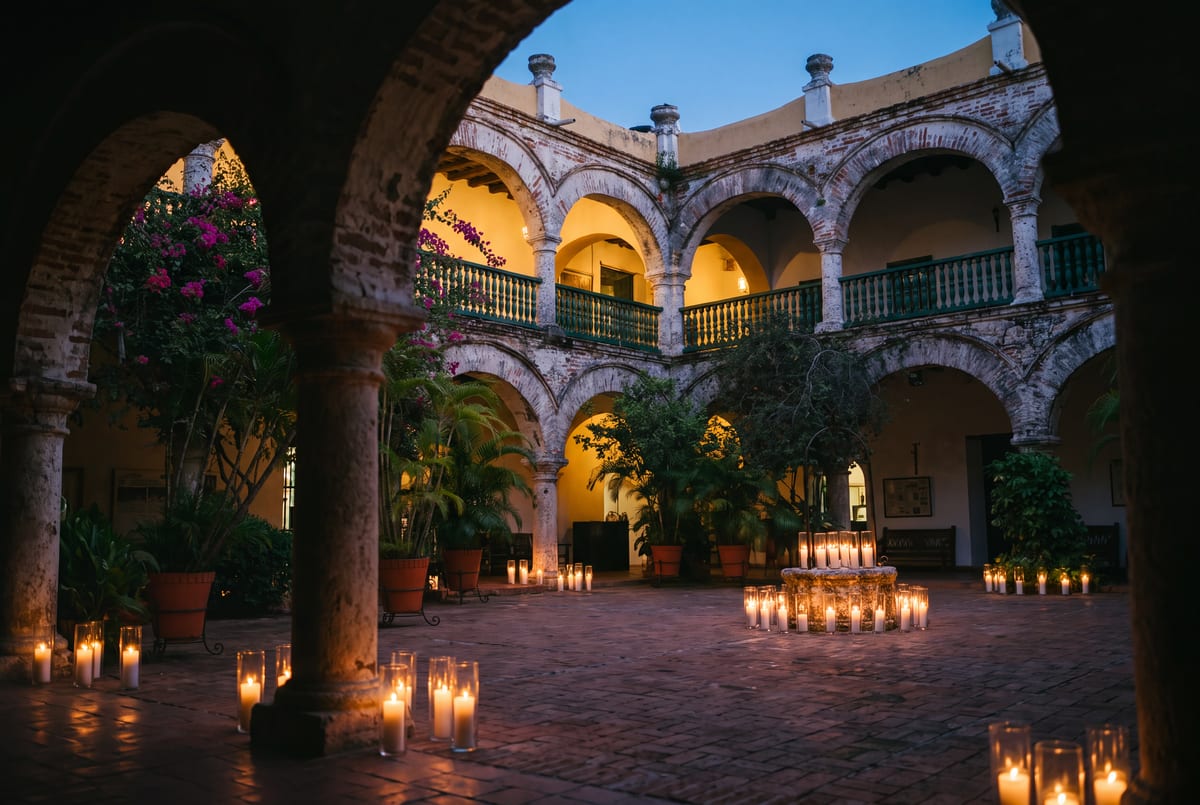 A seventeenth-century cloister courtyard in Cartagena lit by candles