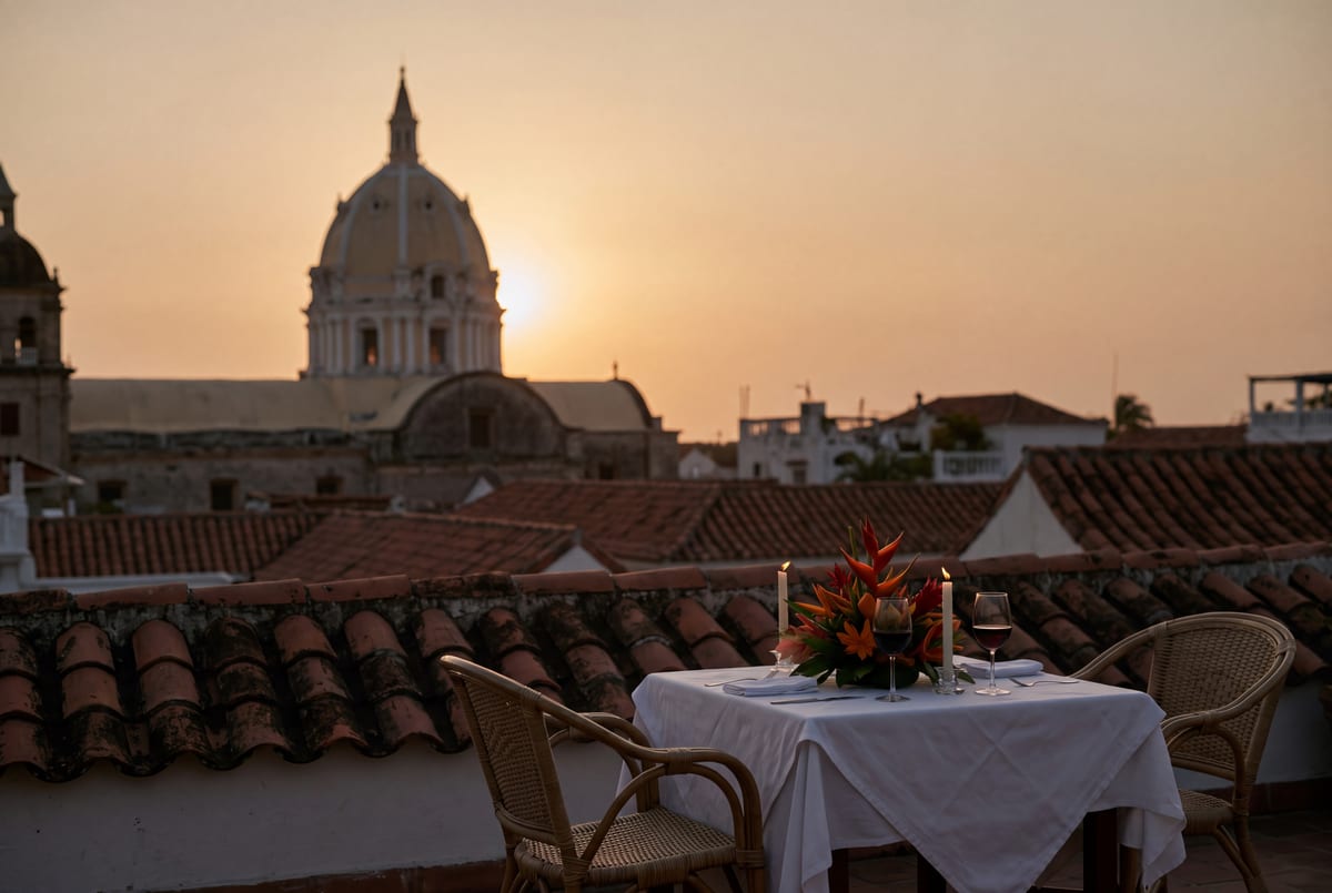 A rooftop terrace above Cartagena's domes at sunset set with a table for two