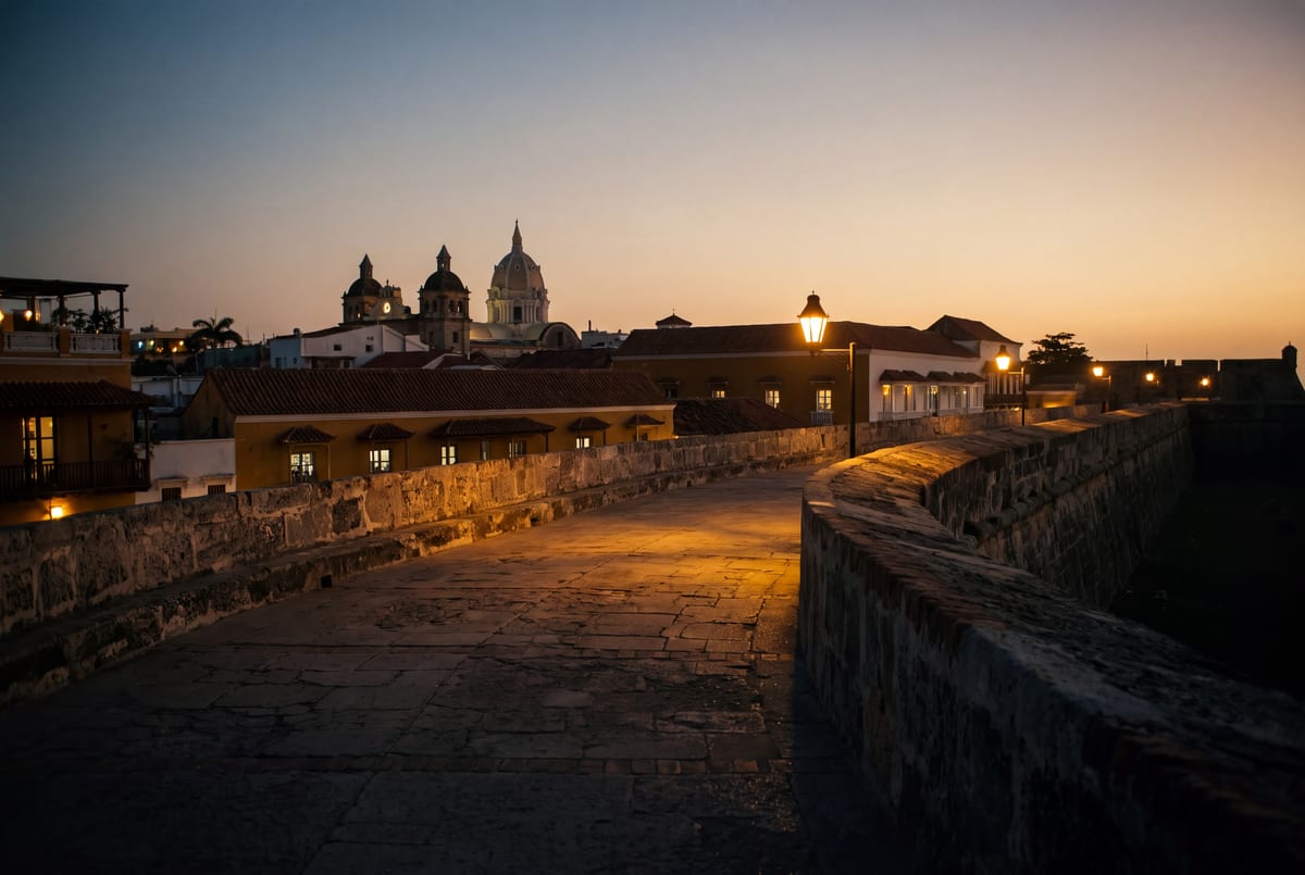 Cartagena's ramparts, domes and rooftops at dusk under amber lamplight