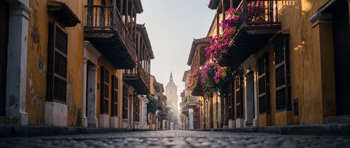 A bougainvillea-draped colonial balcony street in Cartagena's old city in morning light