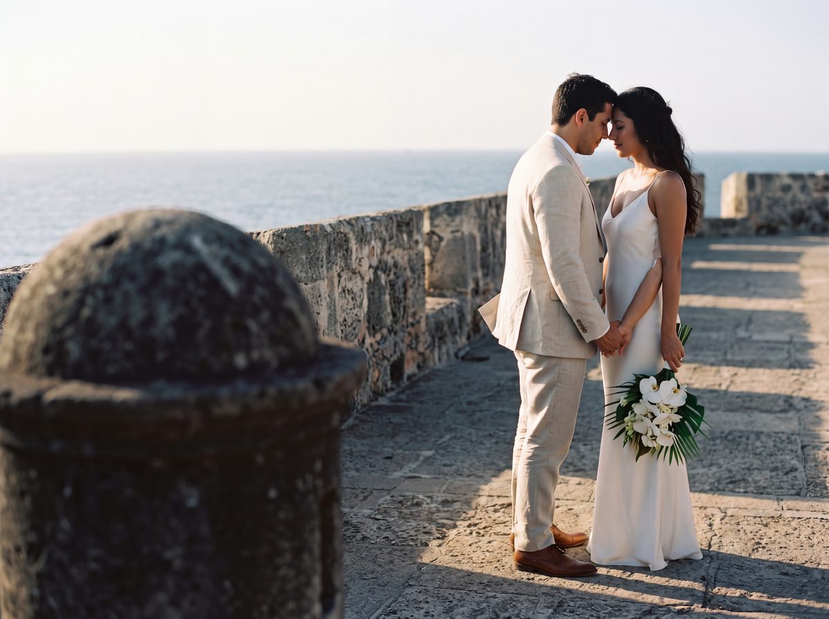 Couple exchanging vows on the Cartagena ramparts