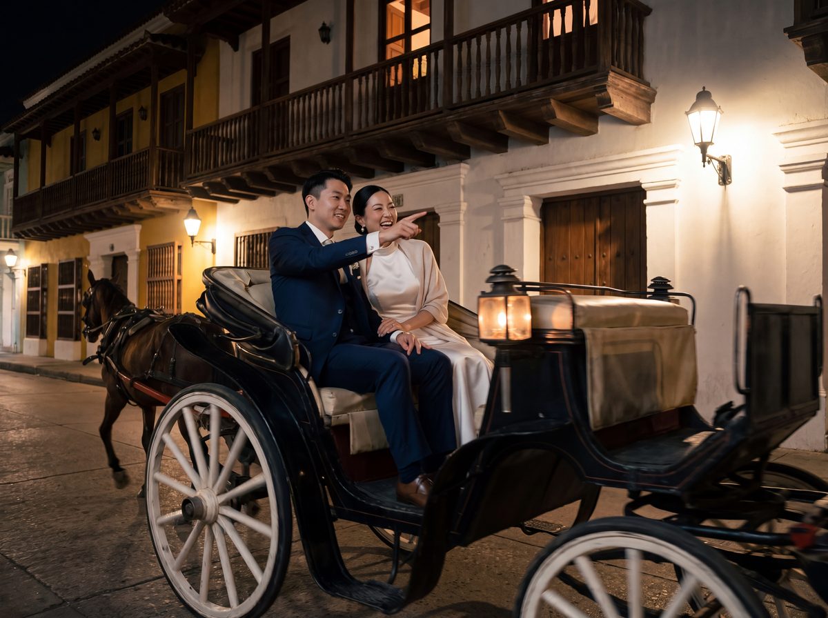 Couple in a horse-drawn carriage in Cartagena at night