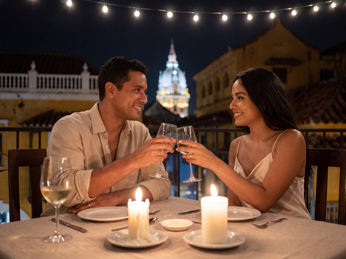 Couple at a rooftop dinner above the old city of Cartagena