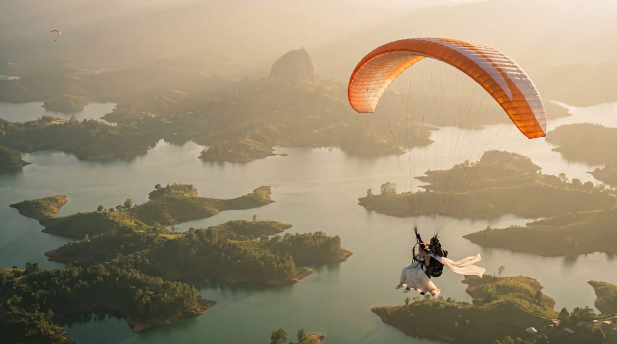 Tandem paragliding above the Guatap&eacute; lakes