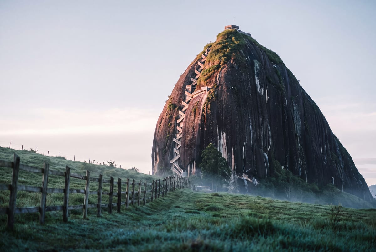 The El Pe&ntilde;ol monolith and its zigzag staircase in dawn light
