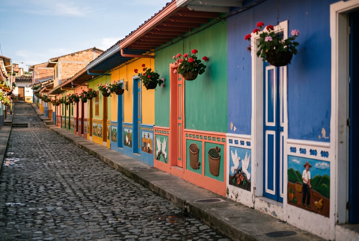 Carved, hand-painted z&oacute;calo panels on a Guatap&eacute; street