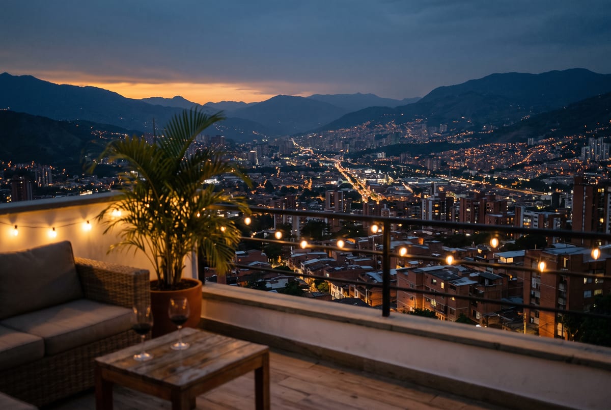 The Medell&iacute;n valley seen from a rooftop at dusk