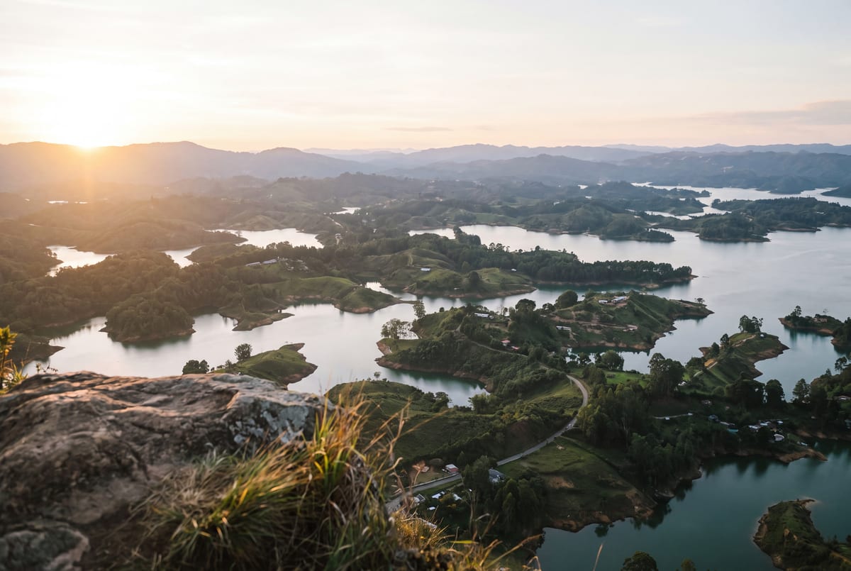 Guatap&eacute;'s emerald island maze seen from the summit of El Pe&ntilde;ol at golden hour