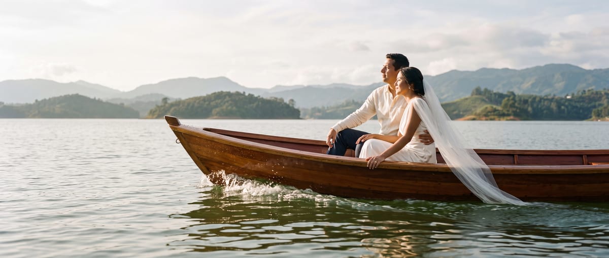 Couple on a private wooden boat drifting among the green islands of Guatap&eacute;