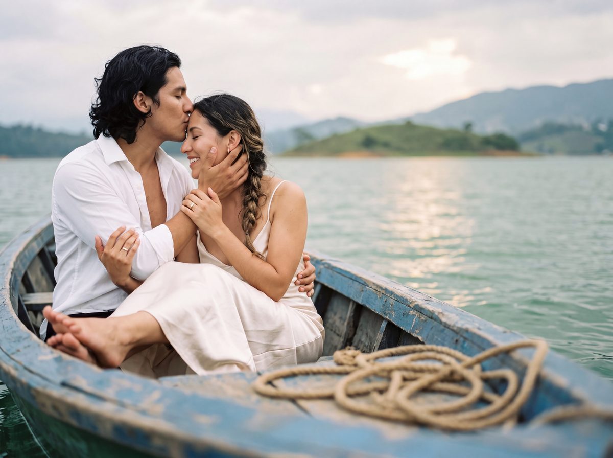 Couple photographed on a private boat on the Guatap&eacute; reservoir