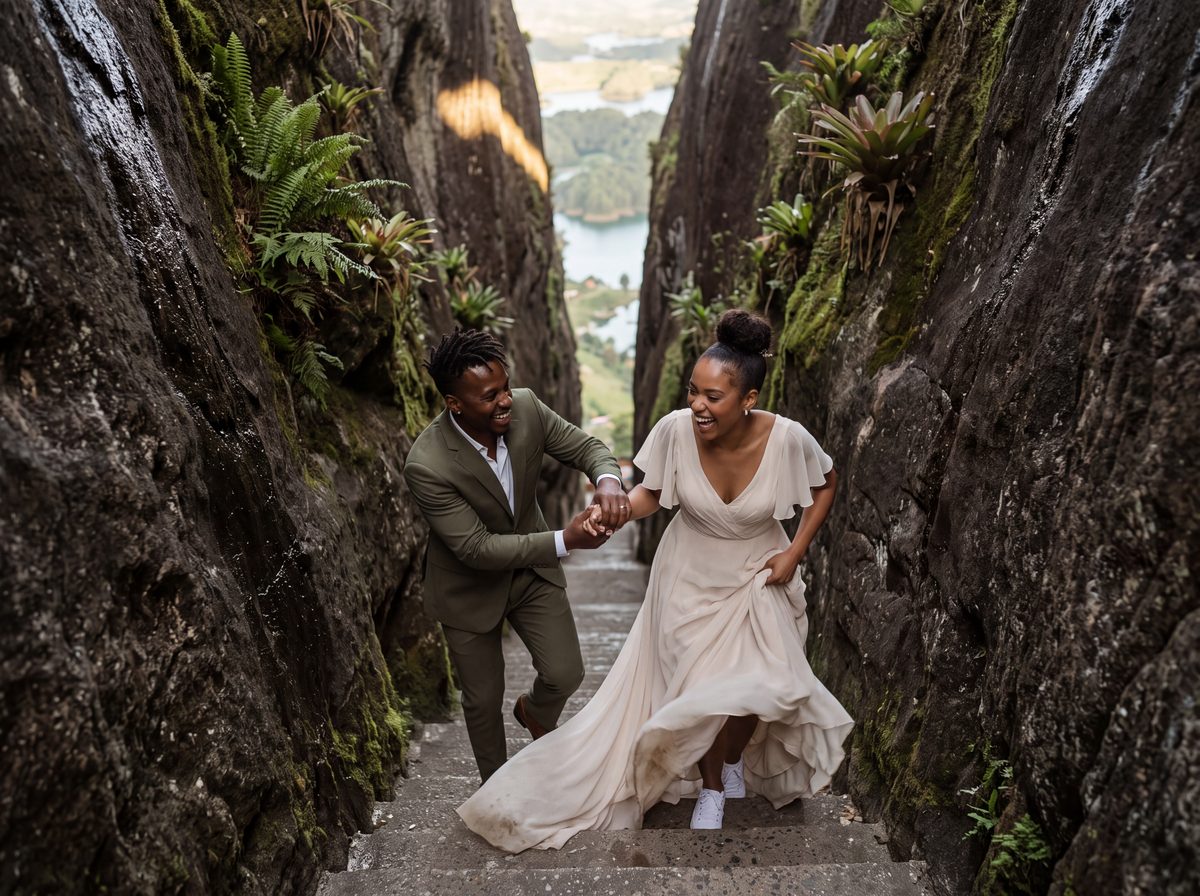 Couple on the staircase of El Pe&ntilde;ol
