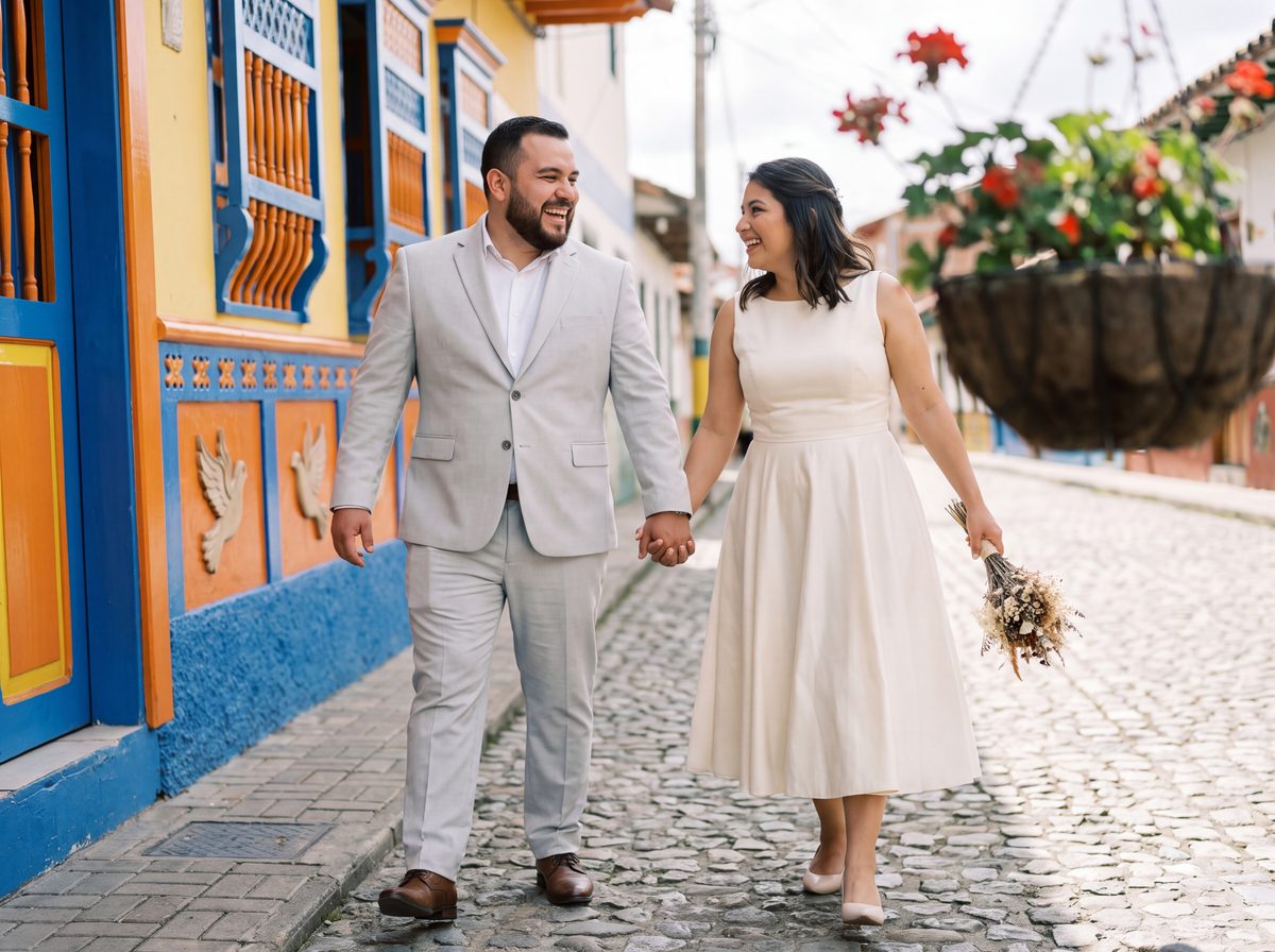 Couple walking a painted z&oacute;calo street in Guatap&eacute;