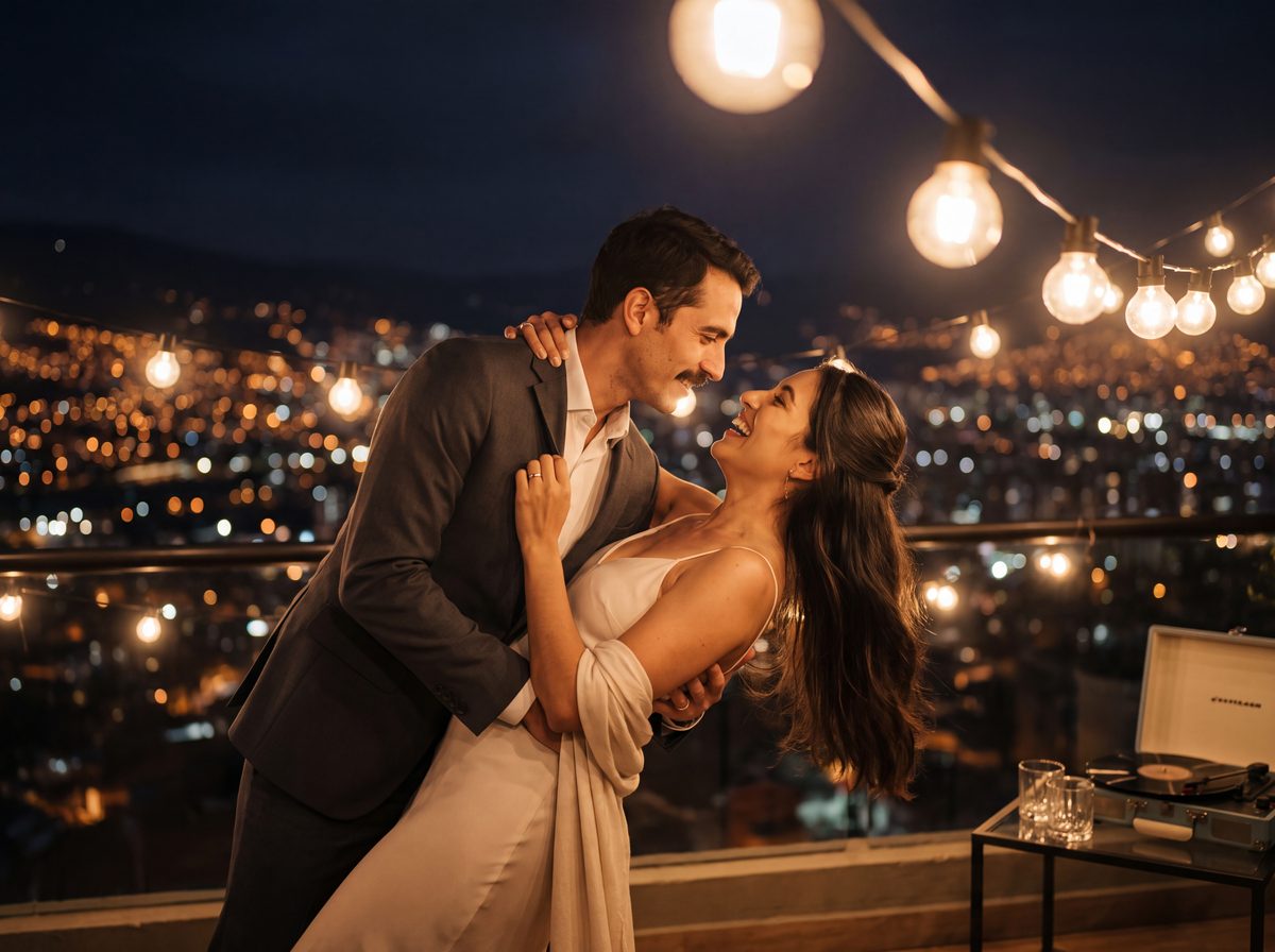 Couple on a Medell&iacute;n rooftop at night
