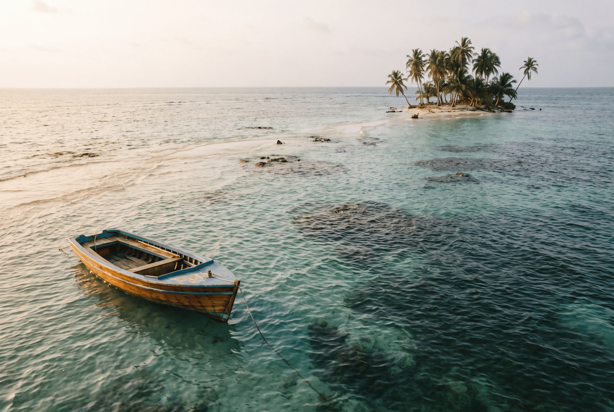 Turquoise reef water, a single wooden launch and a palm-topped coral cay in the Rosario Islands