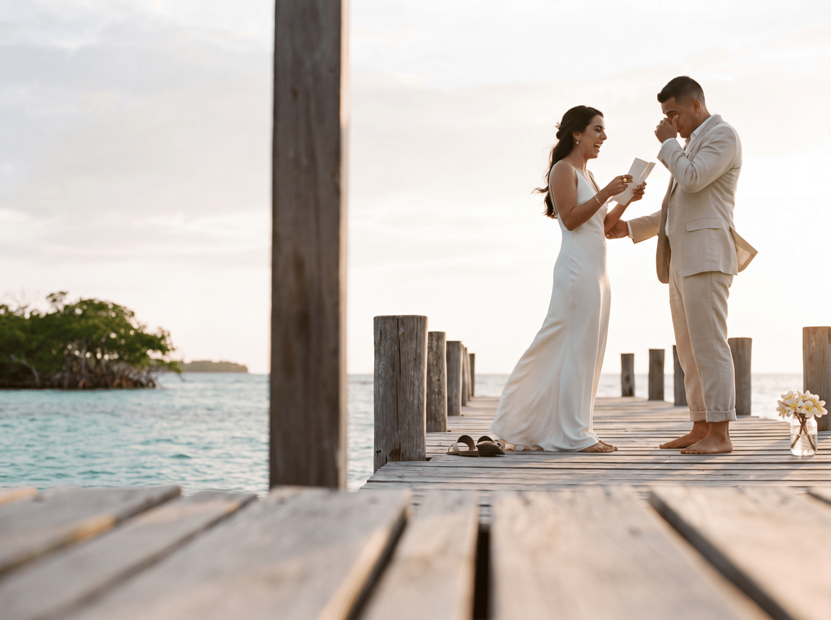 Couple exchanging vows on a private island dock