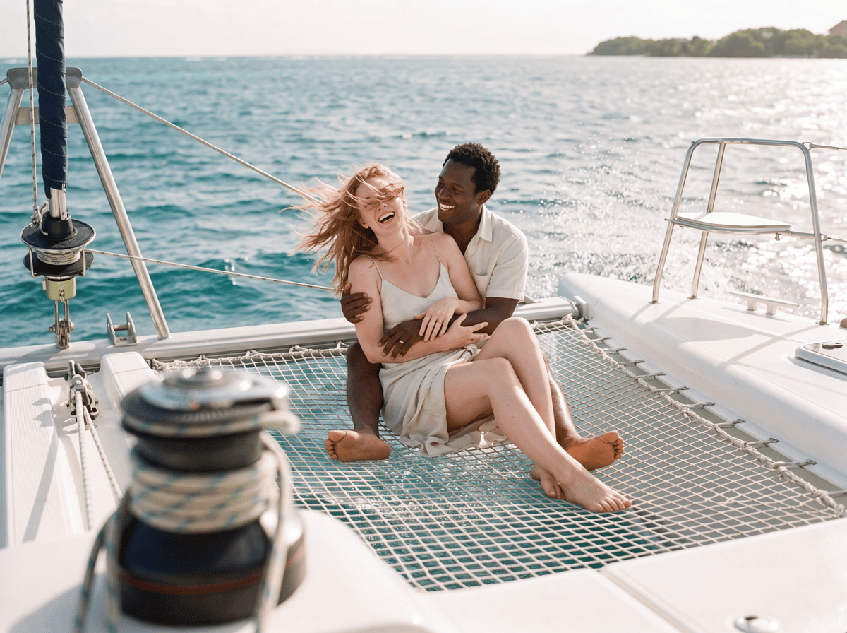 Couple sailing on a catamaran off the Rosario Islands