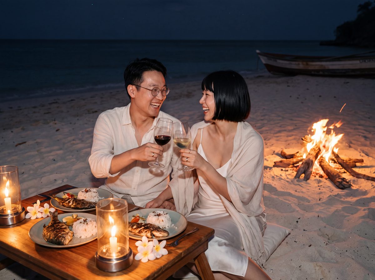 Couple at a barefoot, fire-lit dinner on the sand