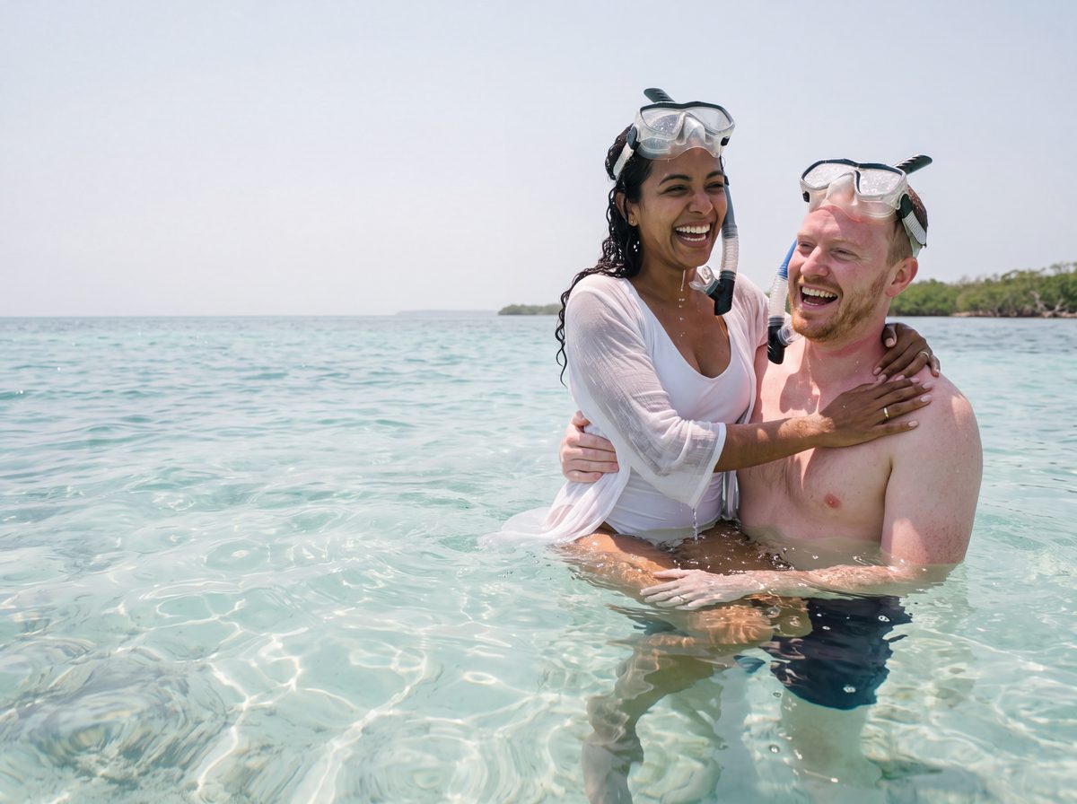 Couple snorkelling over the reef in the Rosario Islands