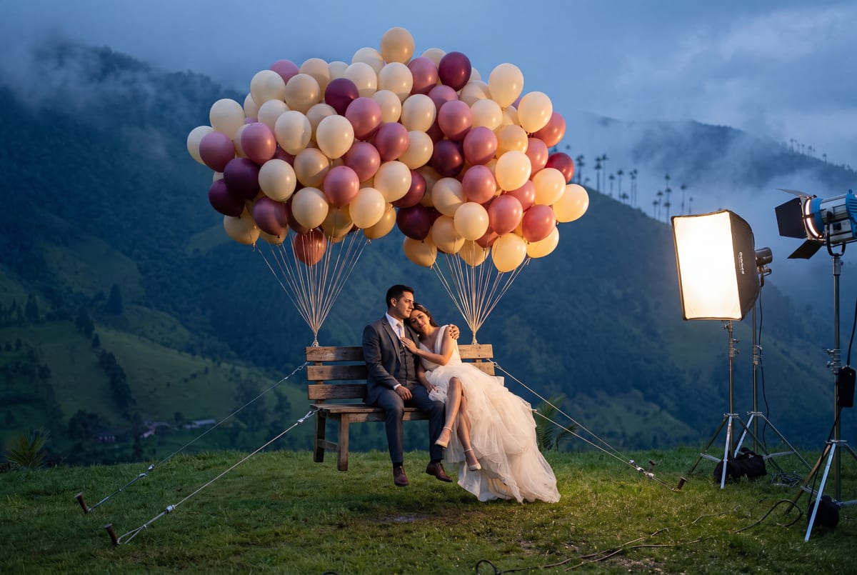 A lovers' bench lifted by a hundred balloons in an Andean valley at dusk, the couple seated on it