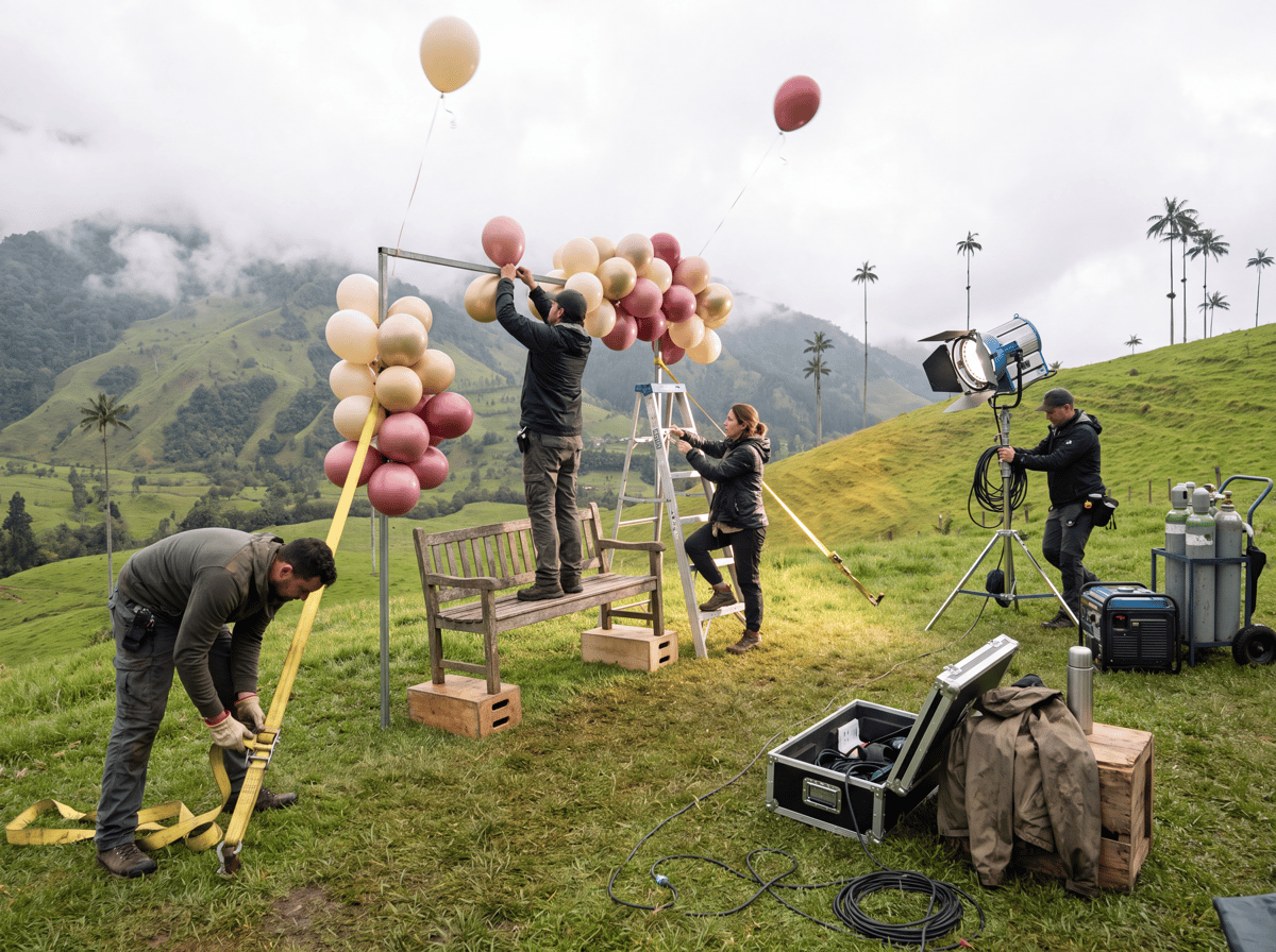 The crew building and dressing a Studio Editorial set in Colombia