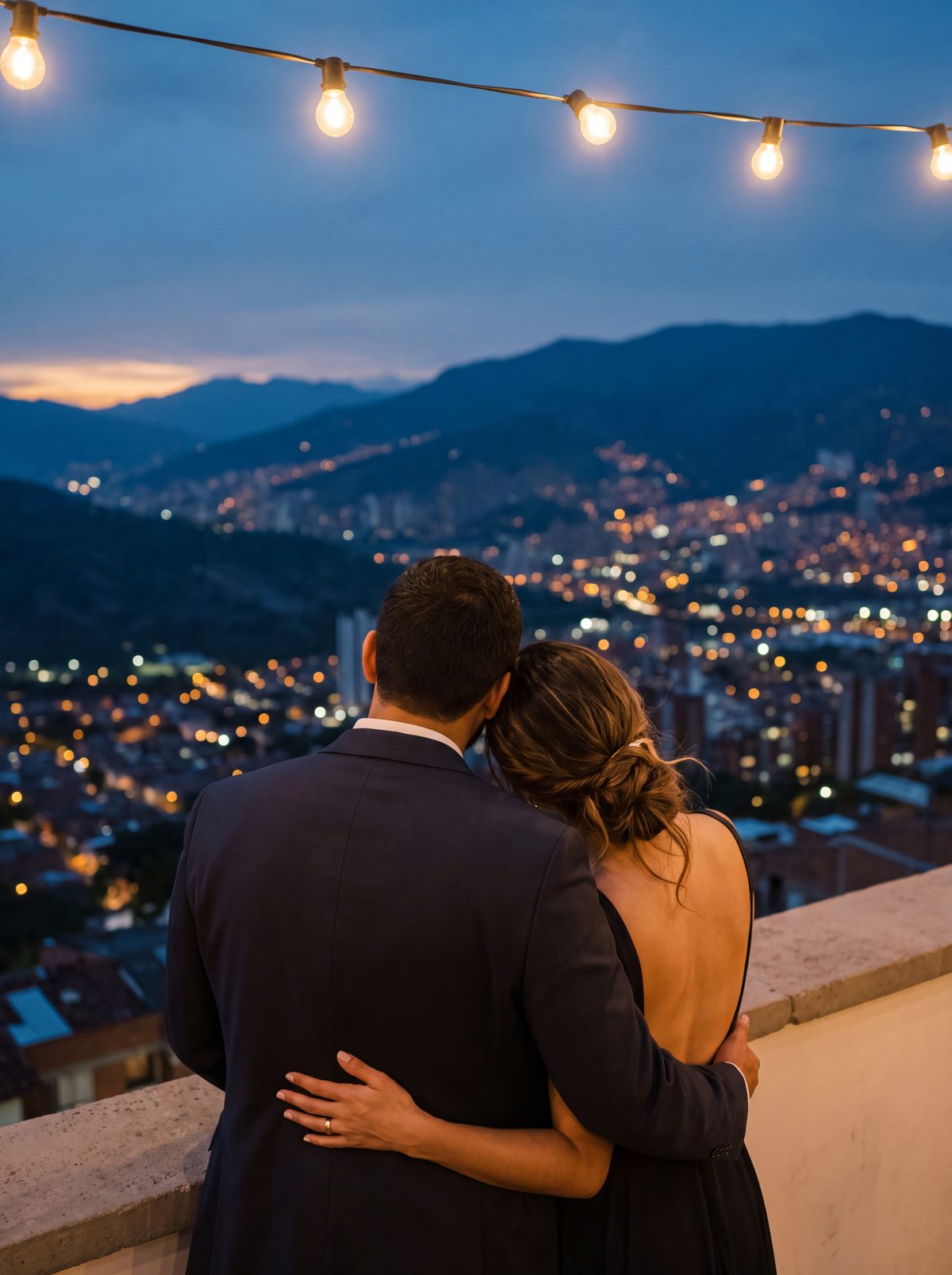 Couple on a Medell&iacute;n rooftop at dusk