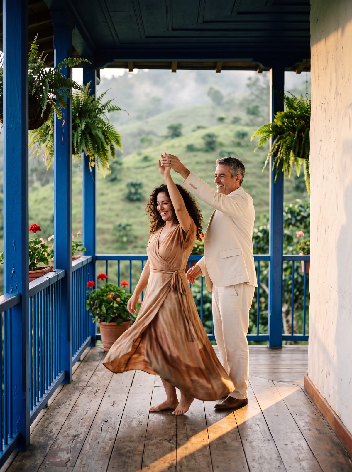 Couple on the veranda of a Colombian coffee hacienda