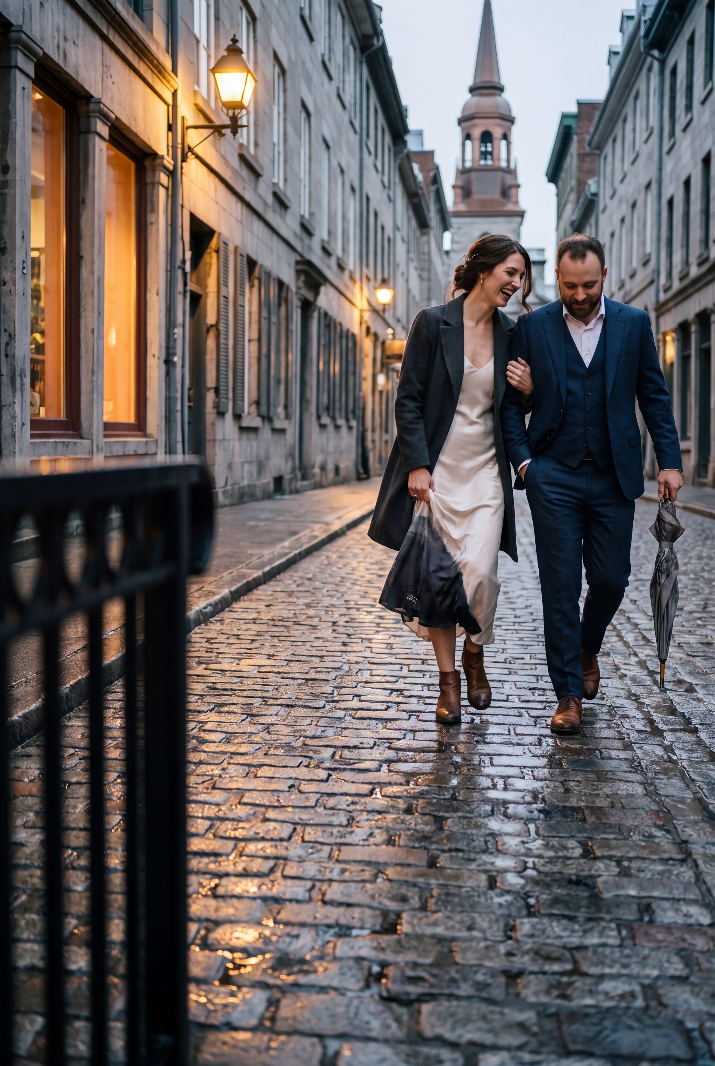 Couple walking a cobbled Old Montréal street at blue hour, a church spire beyond